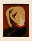 Panneau de laque peint signé Dinh Hanh, “Femme se peignant les cheveux”, œuvre vietnamienne de 1993 inspirée de Matisse, alliant modernisme et tradition asiatique, idéal pour collection ou décoration d’intérieur.