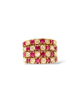 Bague de harem ou bague turque en or jaune 18 carats, composée de quatre anneaux mobiles sertis de rubis et de diamants alternés.