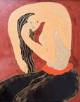 Panneau de laque peint signé Dinh Hanh, “Femme se peignant les cheveux”, œuvre vietnamienne de 1993 inspirée de Matisse, alliant modernisme et tradition asiatique, idéal pour collection ou décoration d’intérieur.