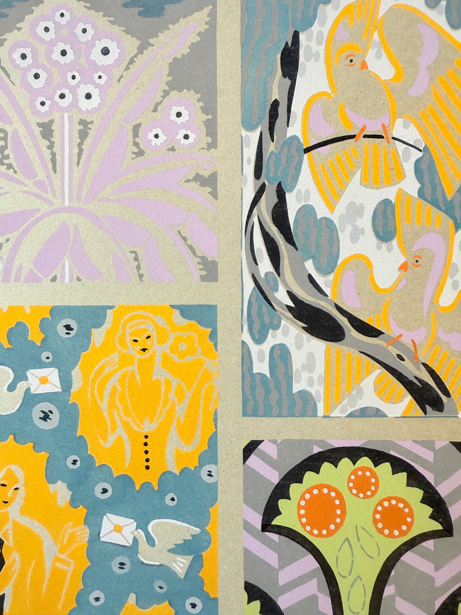 Gouache Art déco de Jacques Camus,  réalisé dans les années 1920 et édité par A. Calavas à Paris, œuvre colorée emblématique de l’Art déco, idéale pour collectionneur ou décoration d’intérieur raffinée.