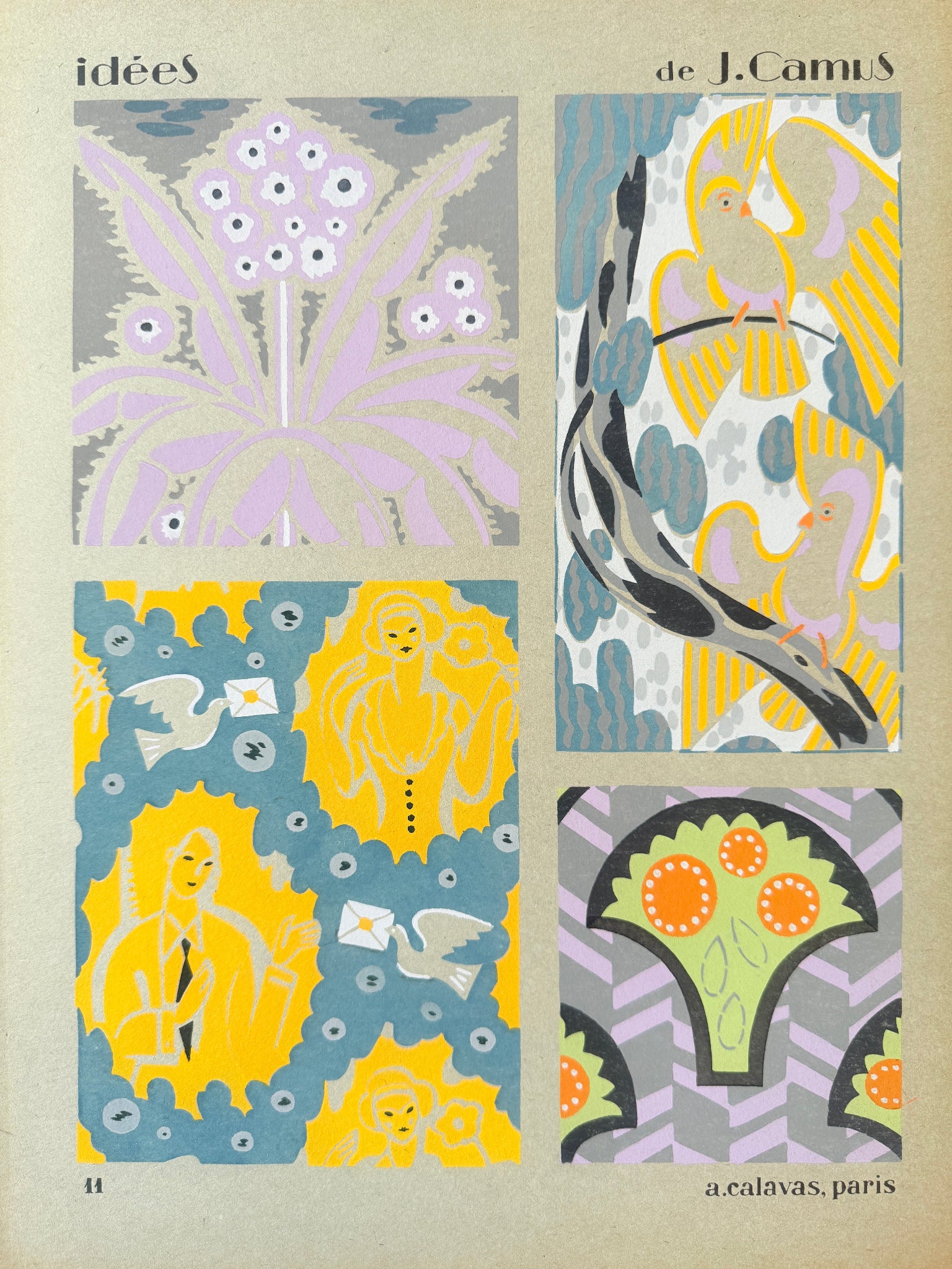 Gouache Art déco de Jacques Camus,  réalisé dans les années 1920 et édité par A. Calavas à Paris, œuvre colorée emblématique de l’Art déco, idéale pour collectionneur ou décoration d’intérieur raffinée.