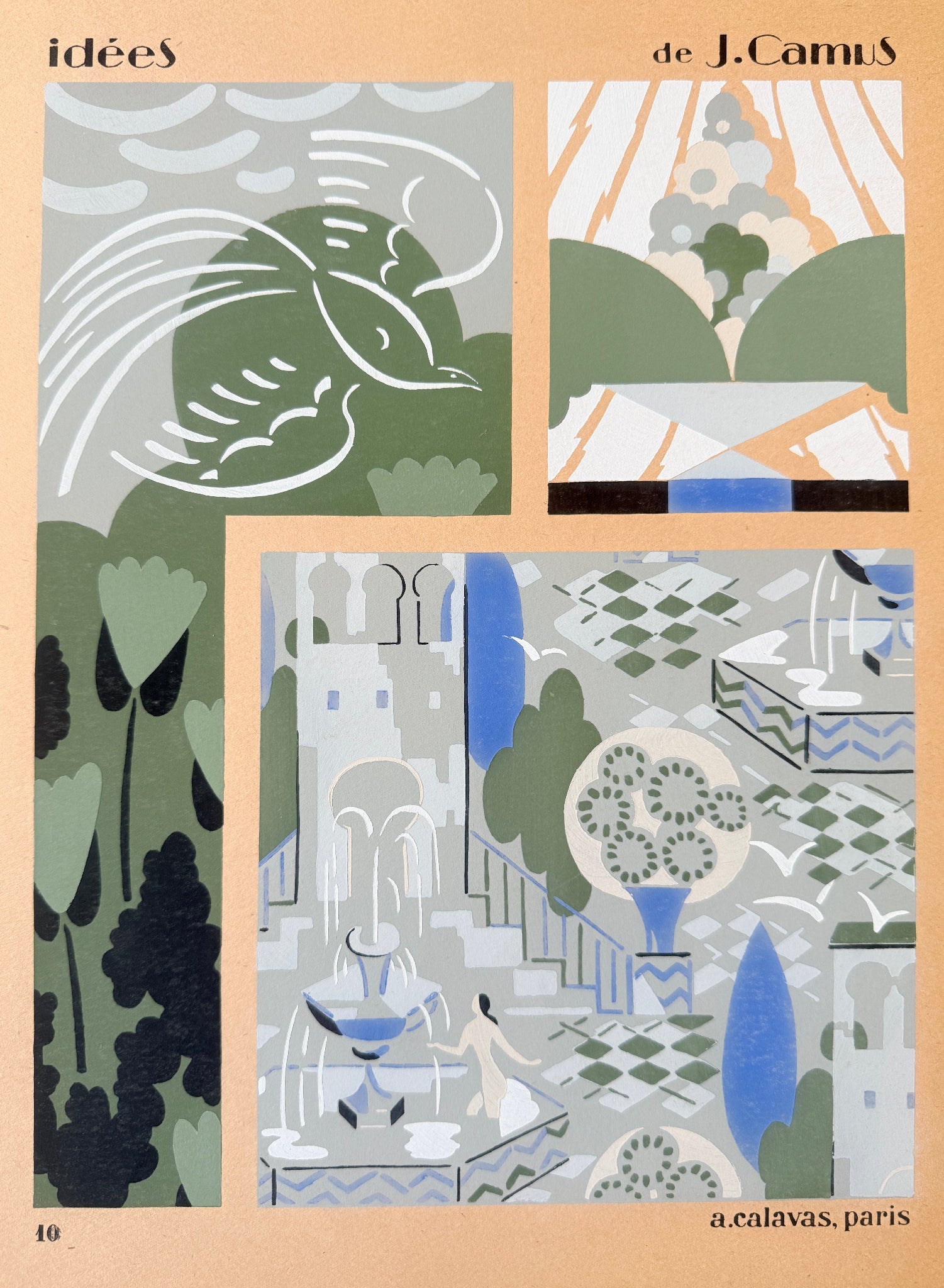 Gouache Art déco de Jacques Camus,  réalisé dans les années 1920 et édité par A. Calavas à Paris, œuvre colorée emblématique de l’Art déco, idéale pour collectionneur ou décoration d’intérieur raffinée.