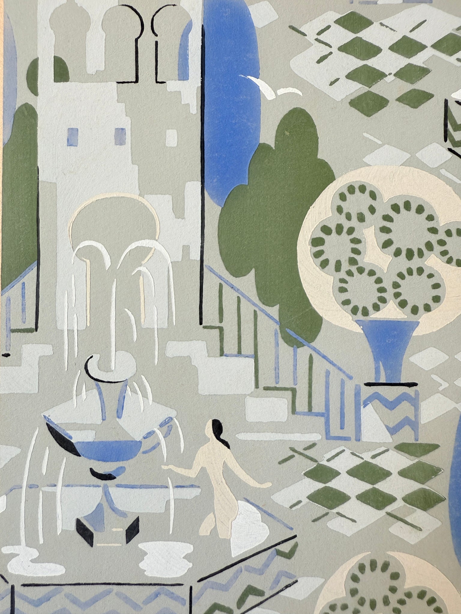 Gouache Art déco de Jacques Camus,  réalisé dans les années 1920 et édité par A. Calavas à Paris, œuvre colorée emblématique de l’Art déco, idéale pour collectionneur ou décoration d’intérieur raffinée.