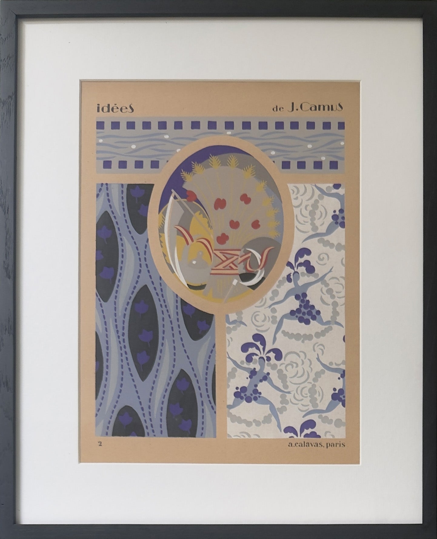 Gouache Art déco de Jacques Camus,  réalisé dans les années 1920 et édité par A. Calavas à Paris, œuvre colorée emblématique de l’Art déco, idéale pour collectionneur ou décoration d’intérieur raffinée.