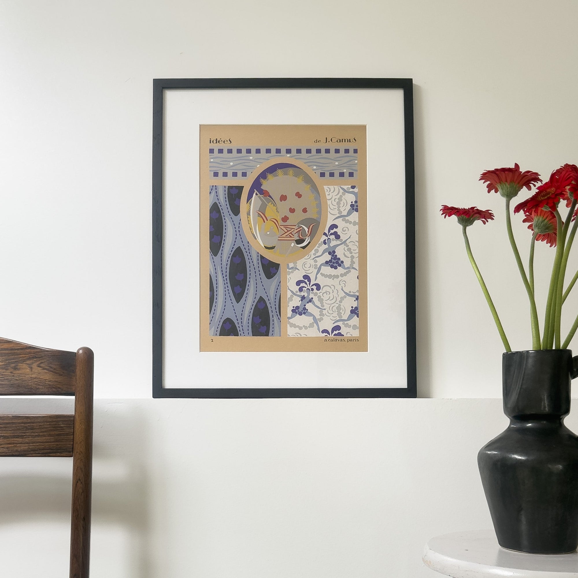 Gouache Art déco de Jacques Camus,  réalisé dans les années 1920 et édité par A. Calavas à Paris, œuvre colorée emblématique de l’Art déco, idéale pour collectionneur ou décoration d’intérieur raffinée.