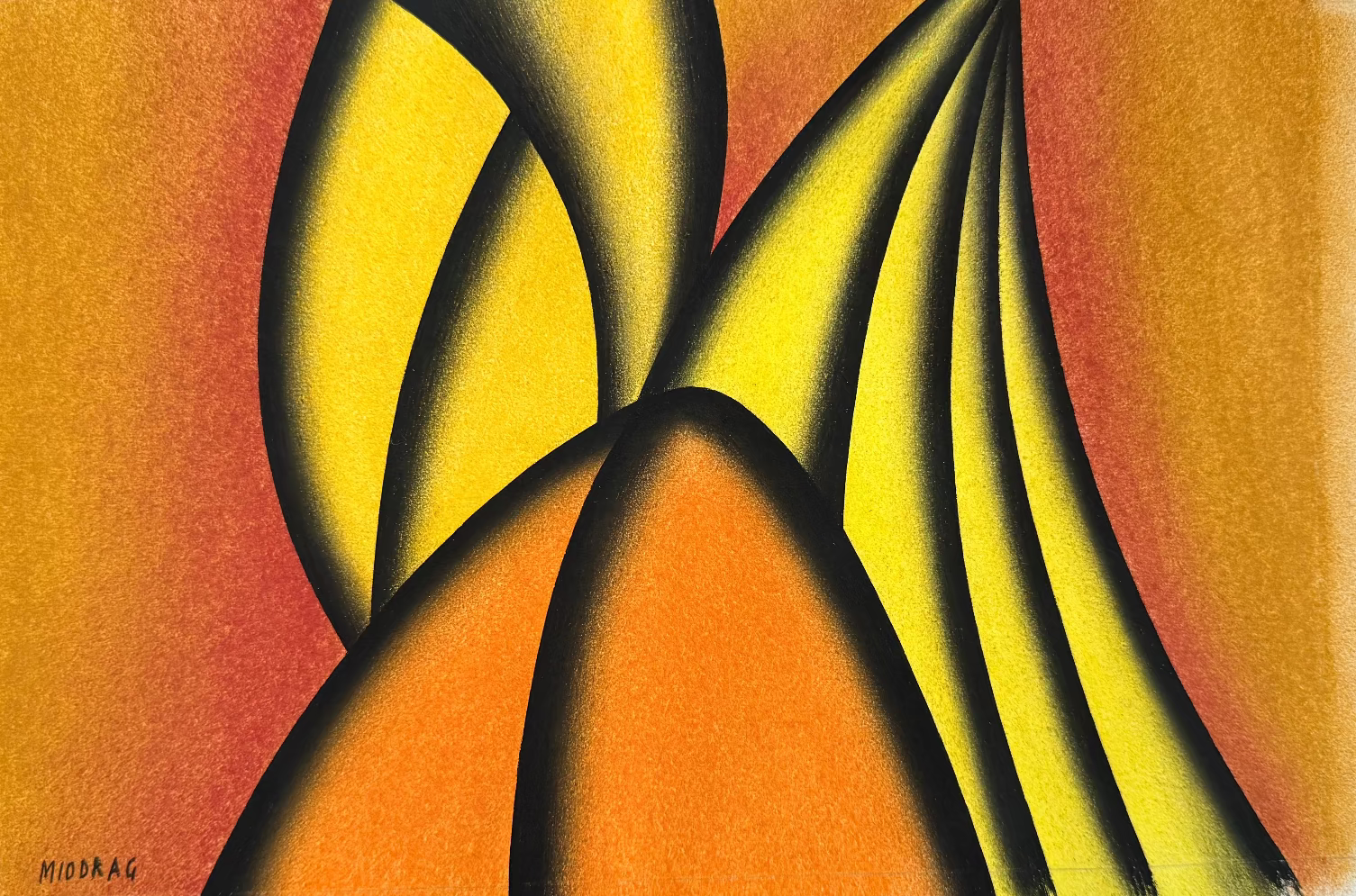 dessin de miodrag, composition abstraite en jaune, orange et noir. 