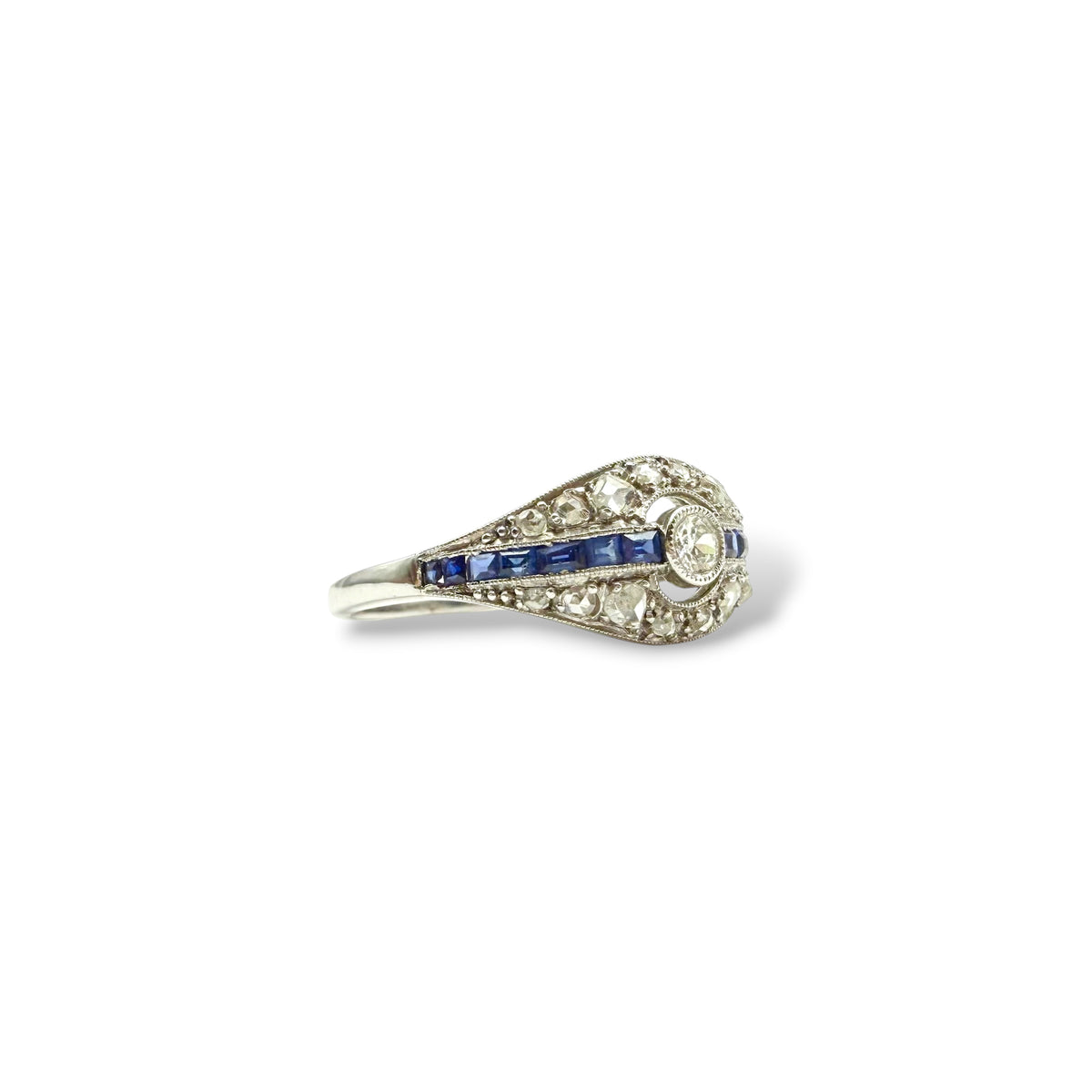 Bague or blanc diamant et saphir｜Art Déco