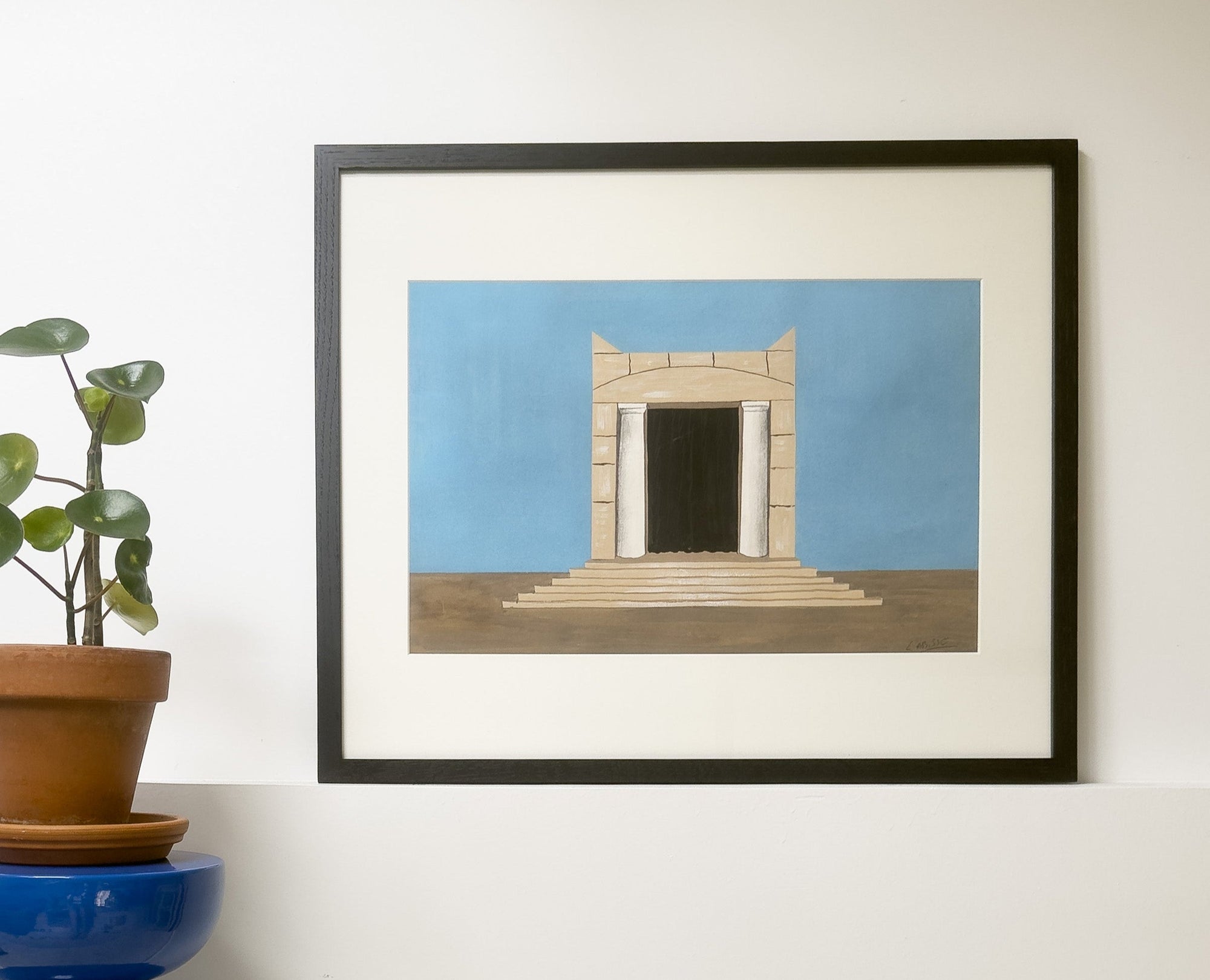 Gouache originale de Félix Labisse intitulée “Fronton de temple”, dessin de décor de théâtre du milieu du XXe siècle, œuvre surréaliste et colorée encadrée pour collection ou décoration d’intérieur.