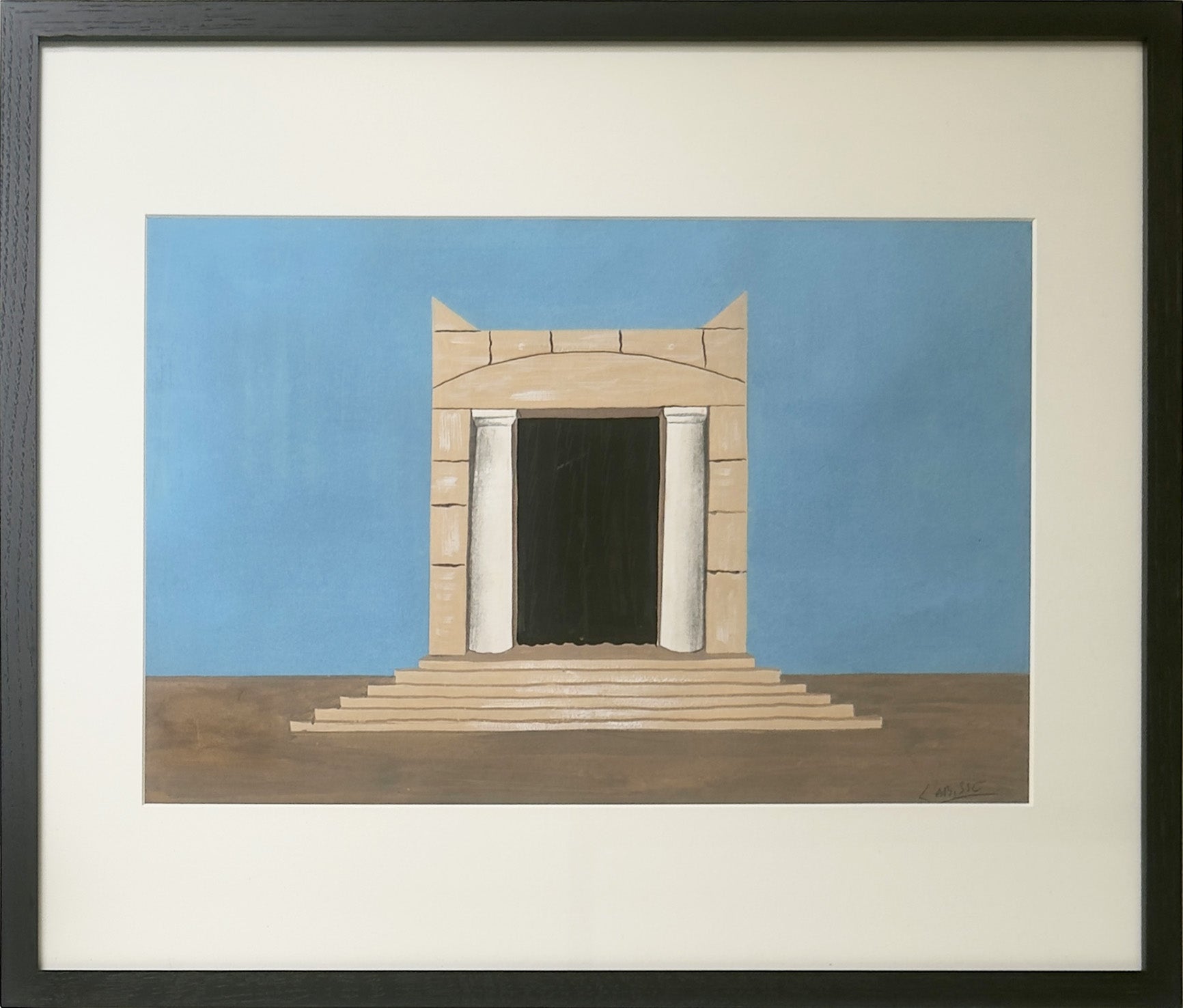 Gouache originale de Félix Labisse intitulée “Fronton de temple”, dessin de décor de théâtre du milieu du XXe siècle, œuvre surréaliste et colorée encadrée pour collection ou décoration d’intérieur.