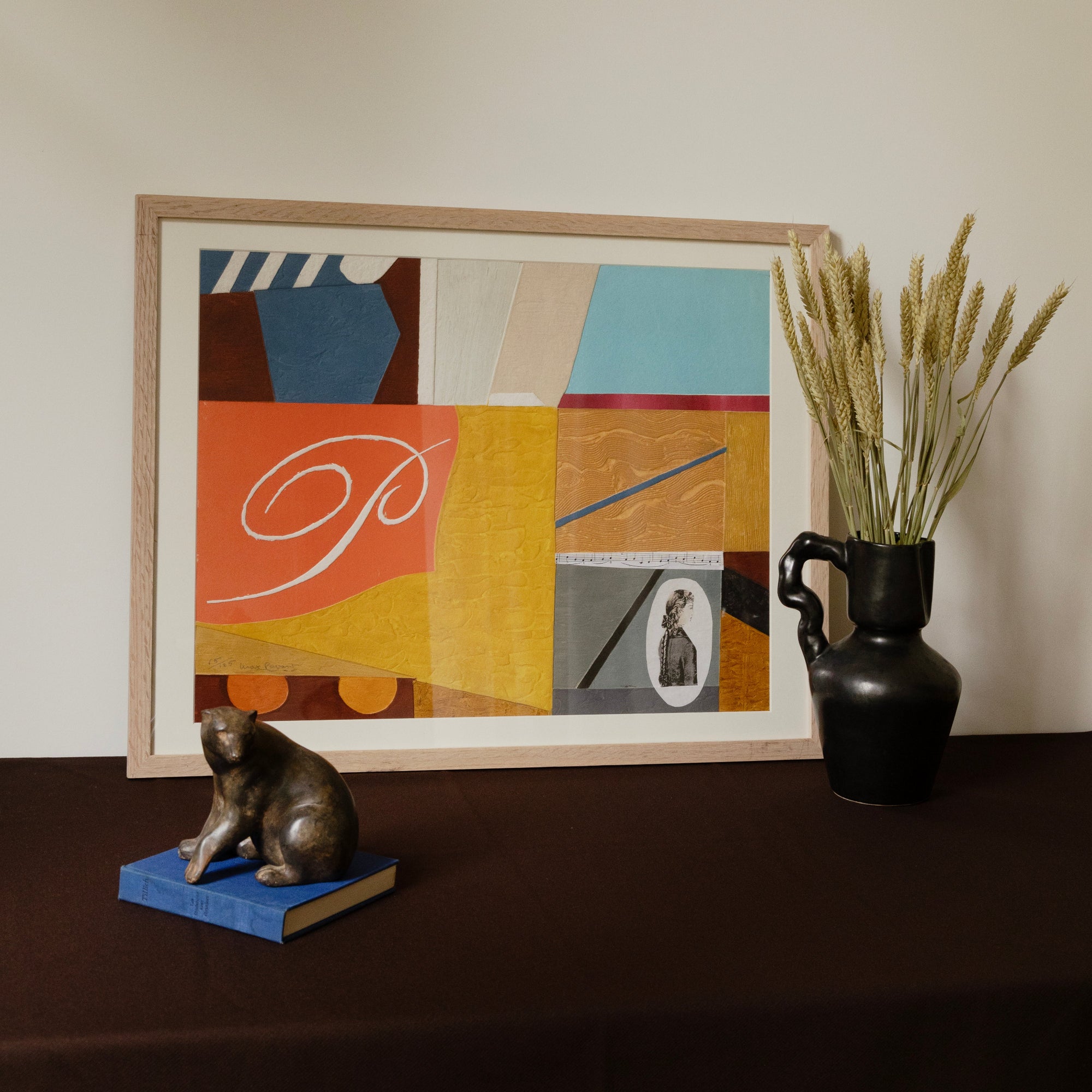 🔹 Texte alternatif (alt text)
Estampe au carborundum et collage signée Max Papart, “Partition de musique”, œuvre cubiste lyrique vers 1990 mêlant rigueur géométrique et poésie, gravure encadrée pour collection ou décoration d’intérieur