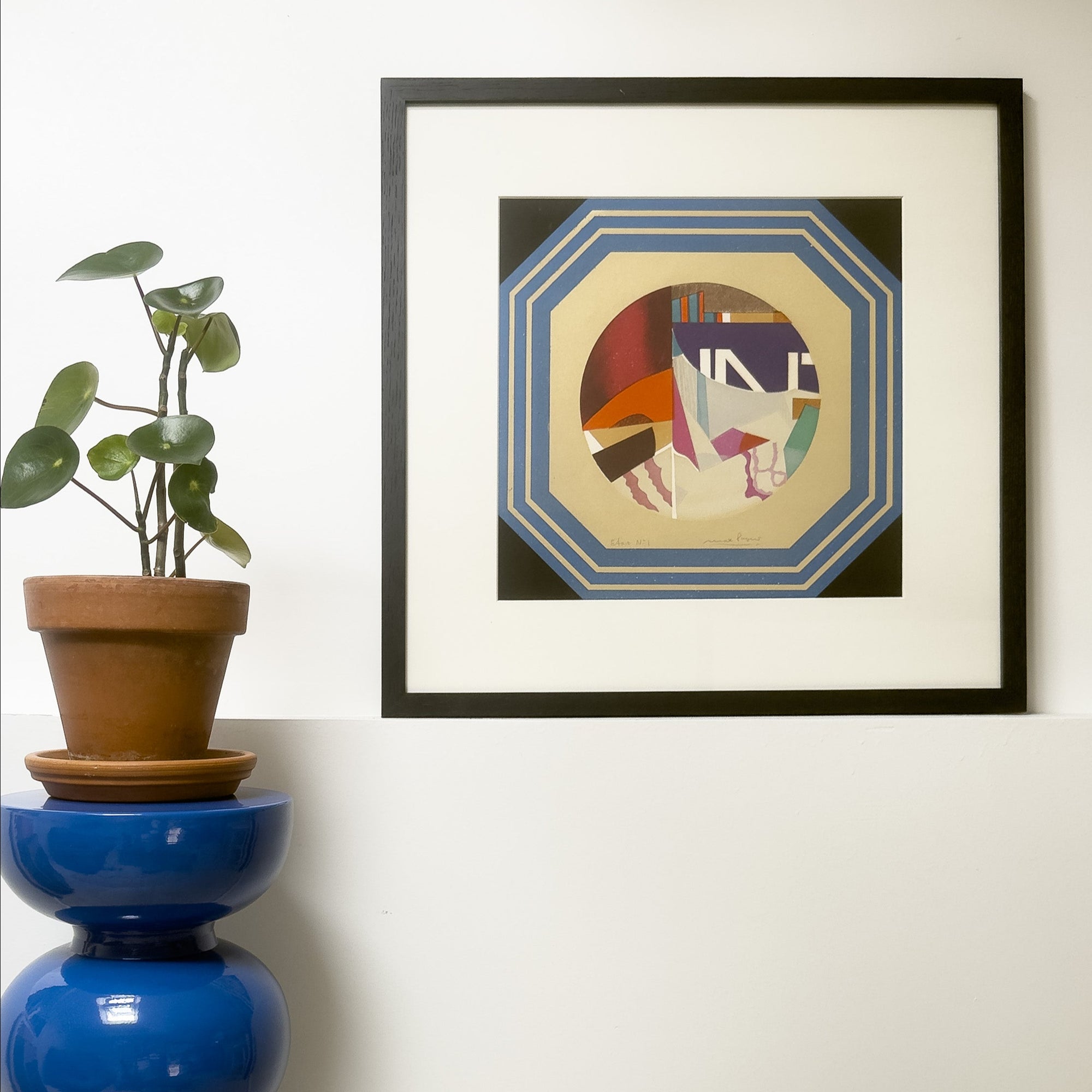 Estampe en couleur signée Max Papart, “Composition abstraite”, œuvre cubiste lyrique du XXe siècle aux formes fragmentées et couleurs vives, gravure moderne encadrée pour collection d’art ou décoration d’intérieur.