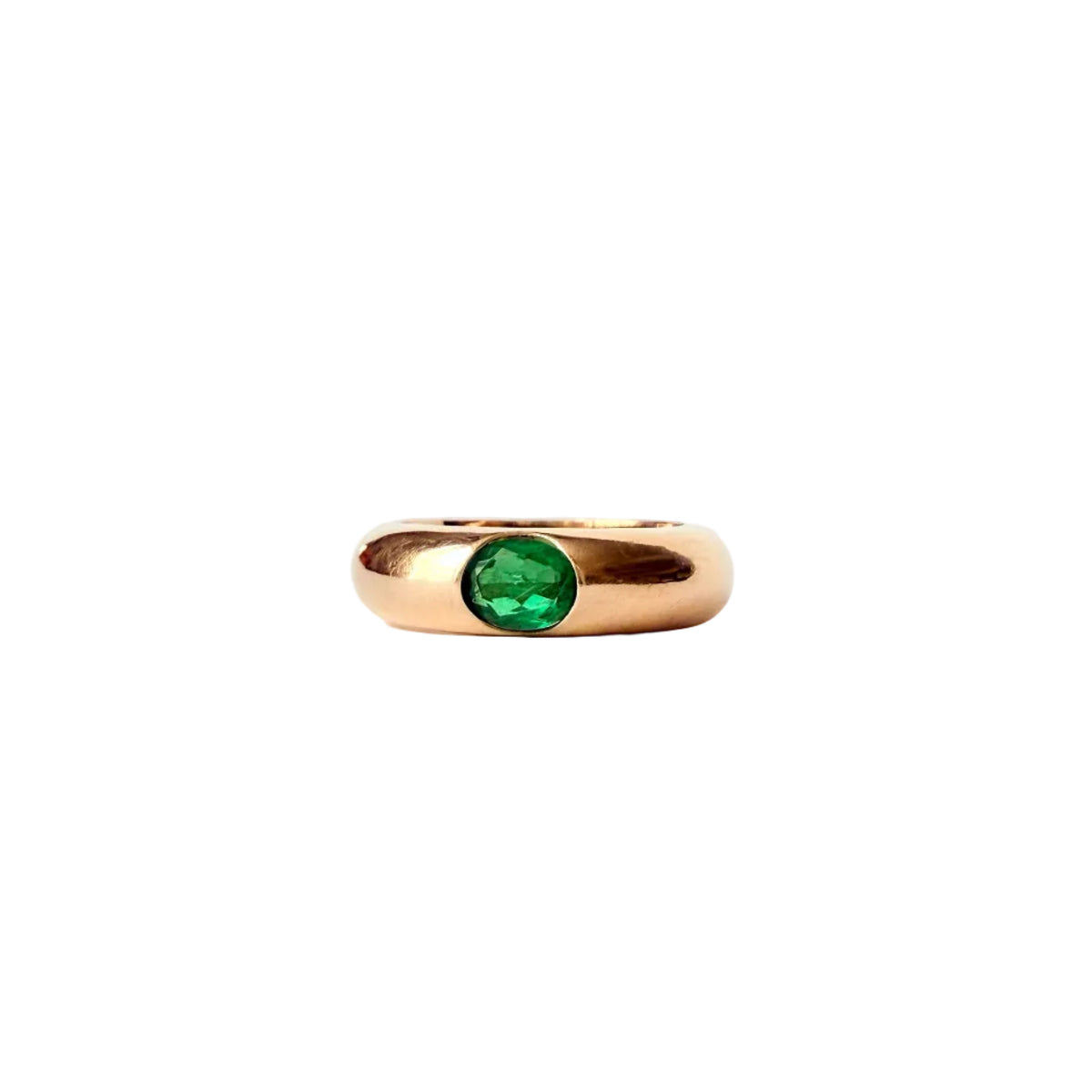 Bague vintage en or jaune 18 carats avec émeraude naturelle ovale facettée, serti demi clos, années 1990