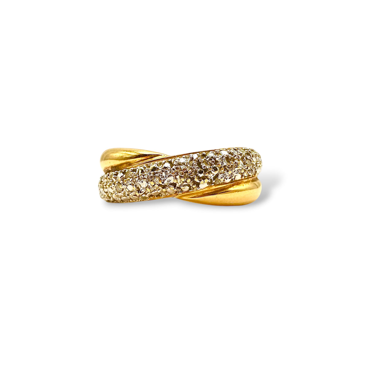 Bague à joncs croisés en or jaune et or blanc 18 carats, ornée d’un pavage de diamants, modèle vintage des années 1990.
