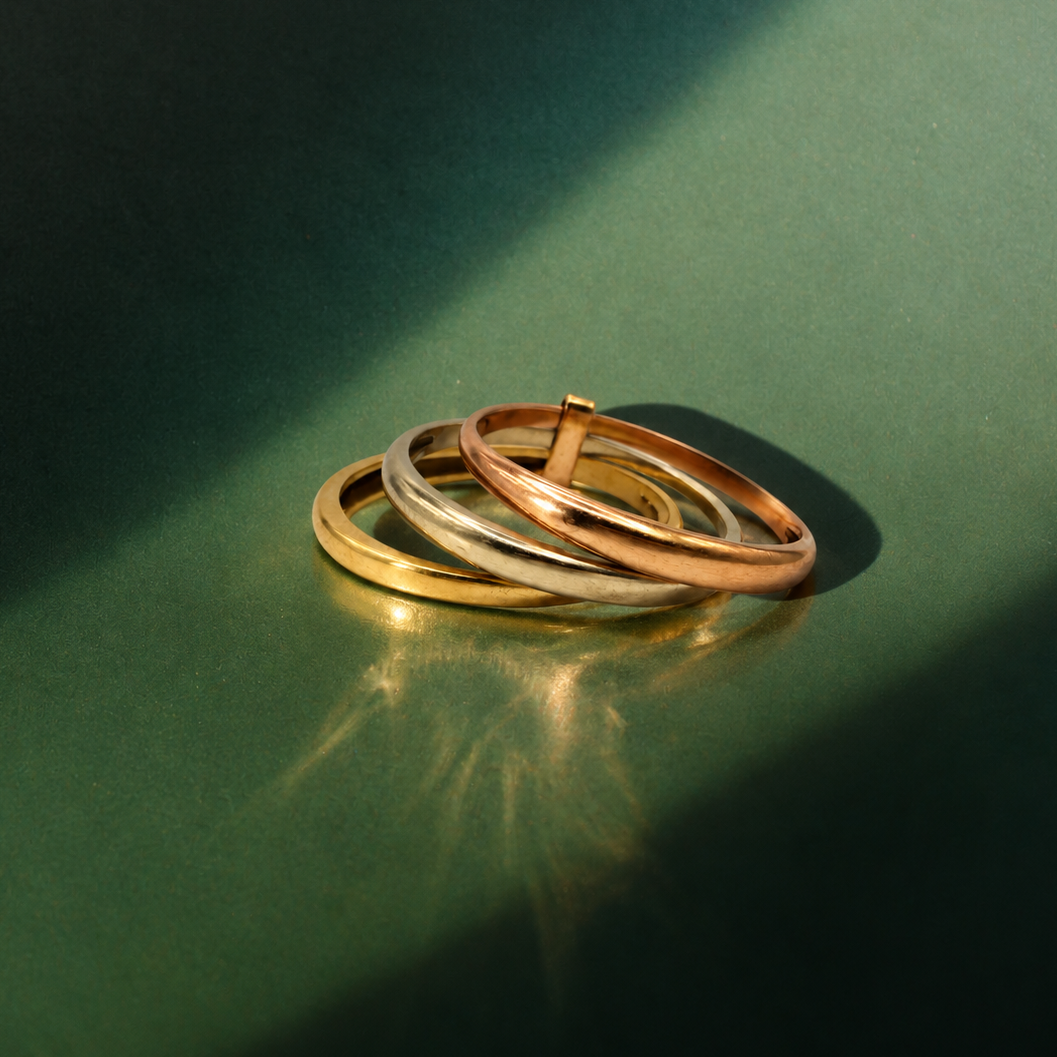 Vue de dessus d’une bague à trois anneaux entrelacés en trois ors 18 carats