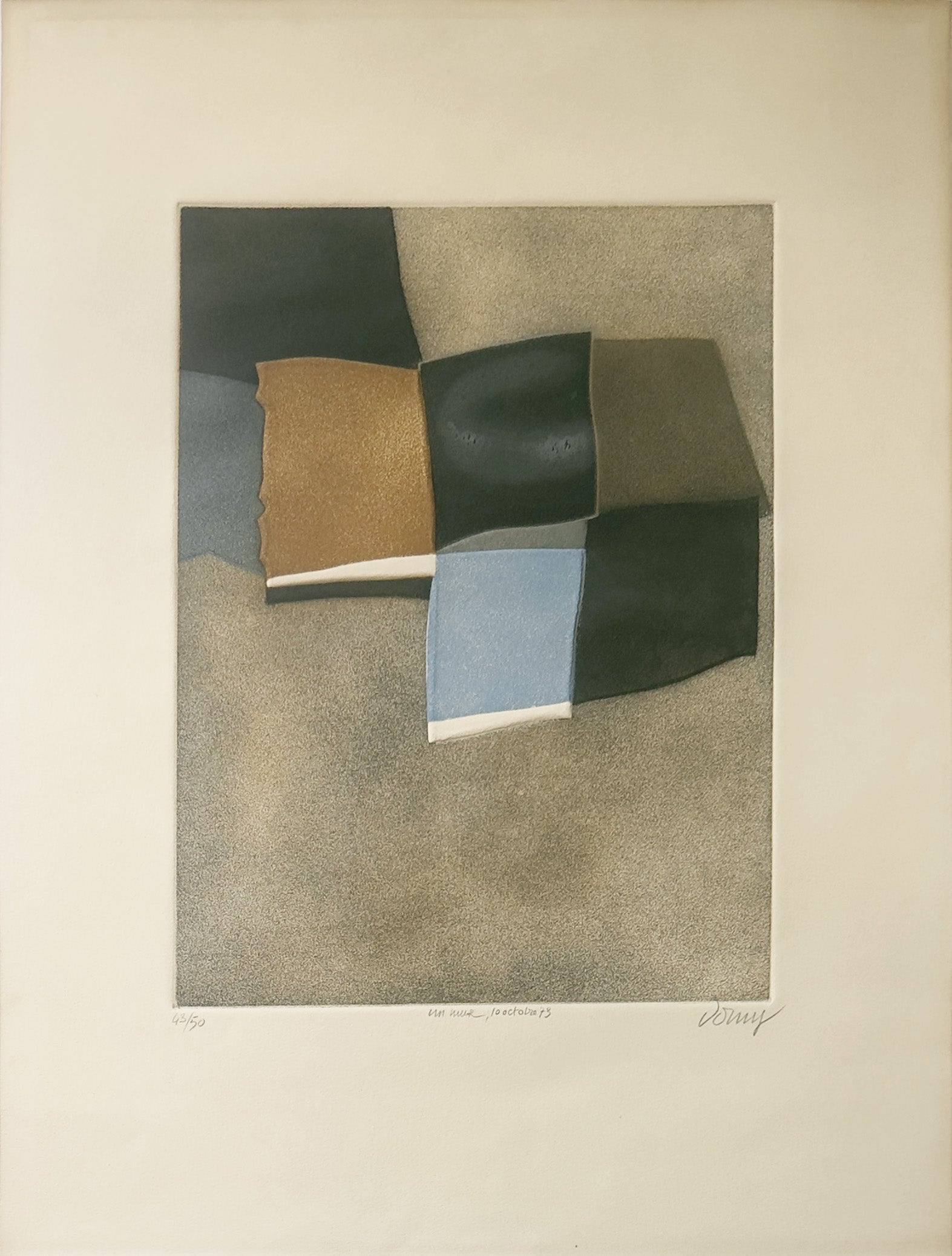 Estampe à l’aquatinte signée Bertrand Dorny, “Un mur”, œuvre abstraite lyrique de 1973 sur papier, composition poétique et texturée idéale pour collection d’art moderne ou décoration d’intérieur.