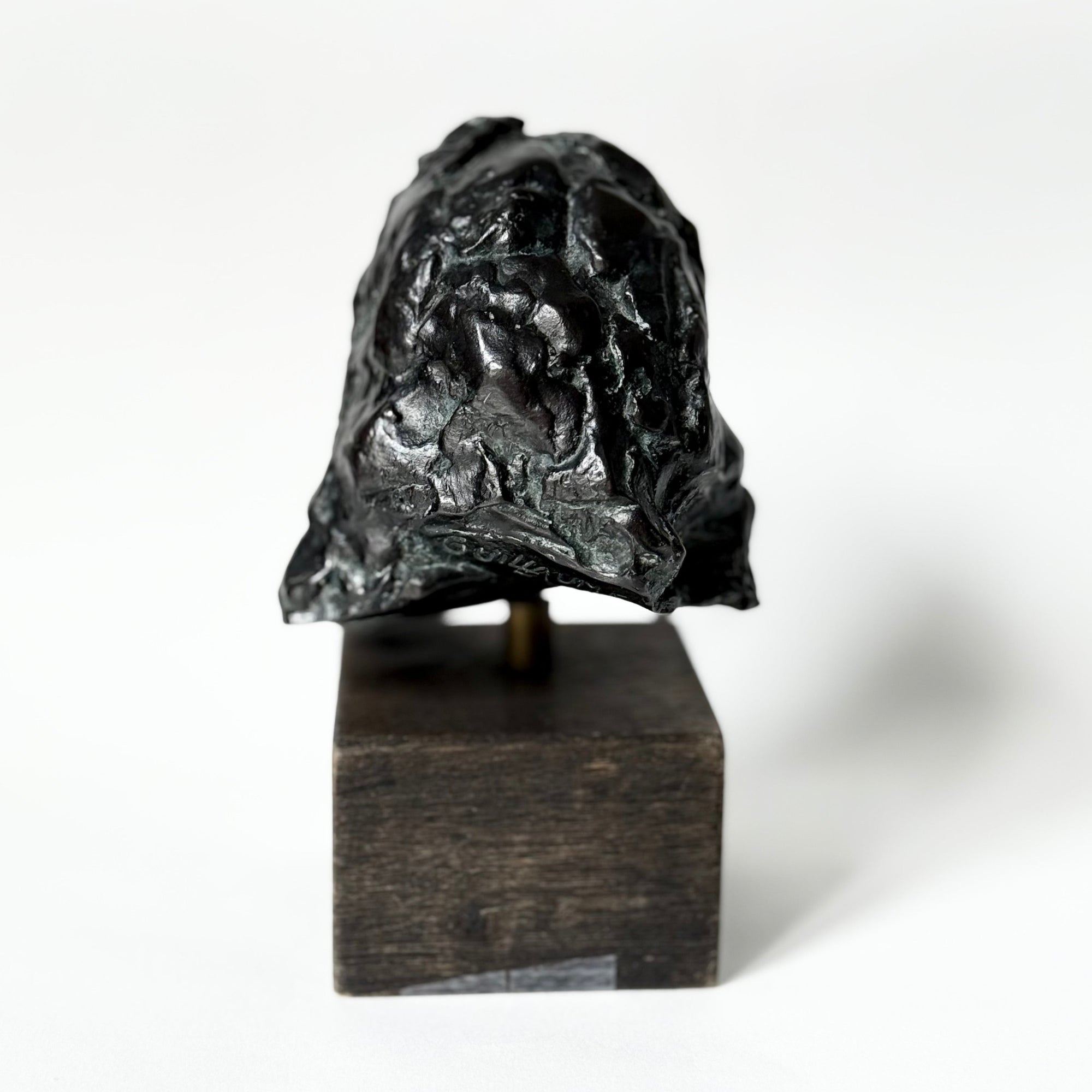 Sculpture en bronze représentant un portrait de femme, tête sculptée aux traits doux et expressifs, patine sombre nuancée, reposant sur un socle en bois, œuvre du sculpteur français Maurice Guillaume (1920–2015).
