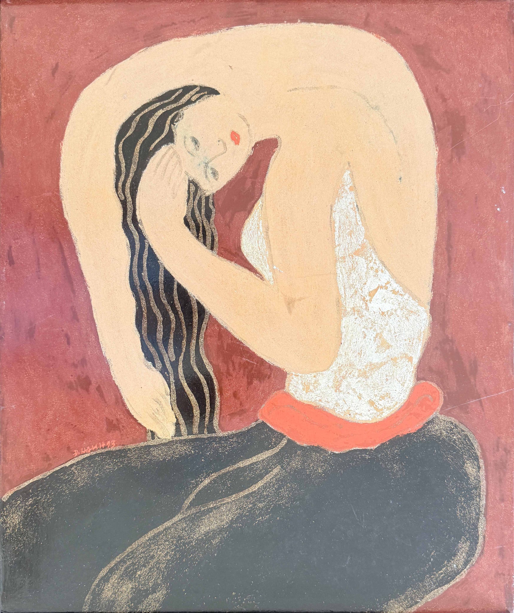 Panneau de laque peint signé Dinh Hanh, “Femme se peignant les cheveux”, œuvre vietnamienne de 1993 inspirée de Matisse, alliant modernisme et tradition asiatique, idéal pour collection ou décoration d’intérieur.