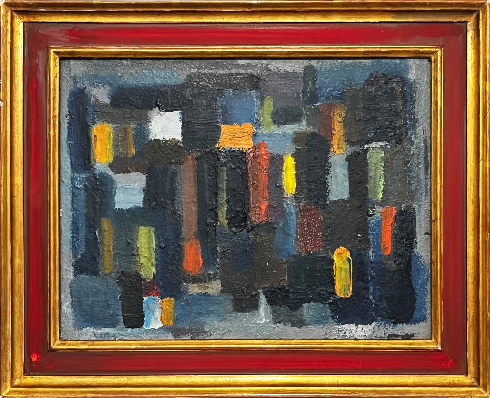 Huile sur panneau de l’école du XXe siècle, composition abstraite des années 1960 aux formes géométriques et couleurs vibrantes, œuvre d’art moderne encadrée pour décoration d’intérieur.