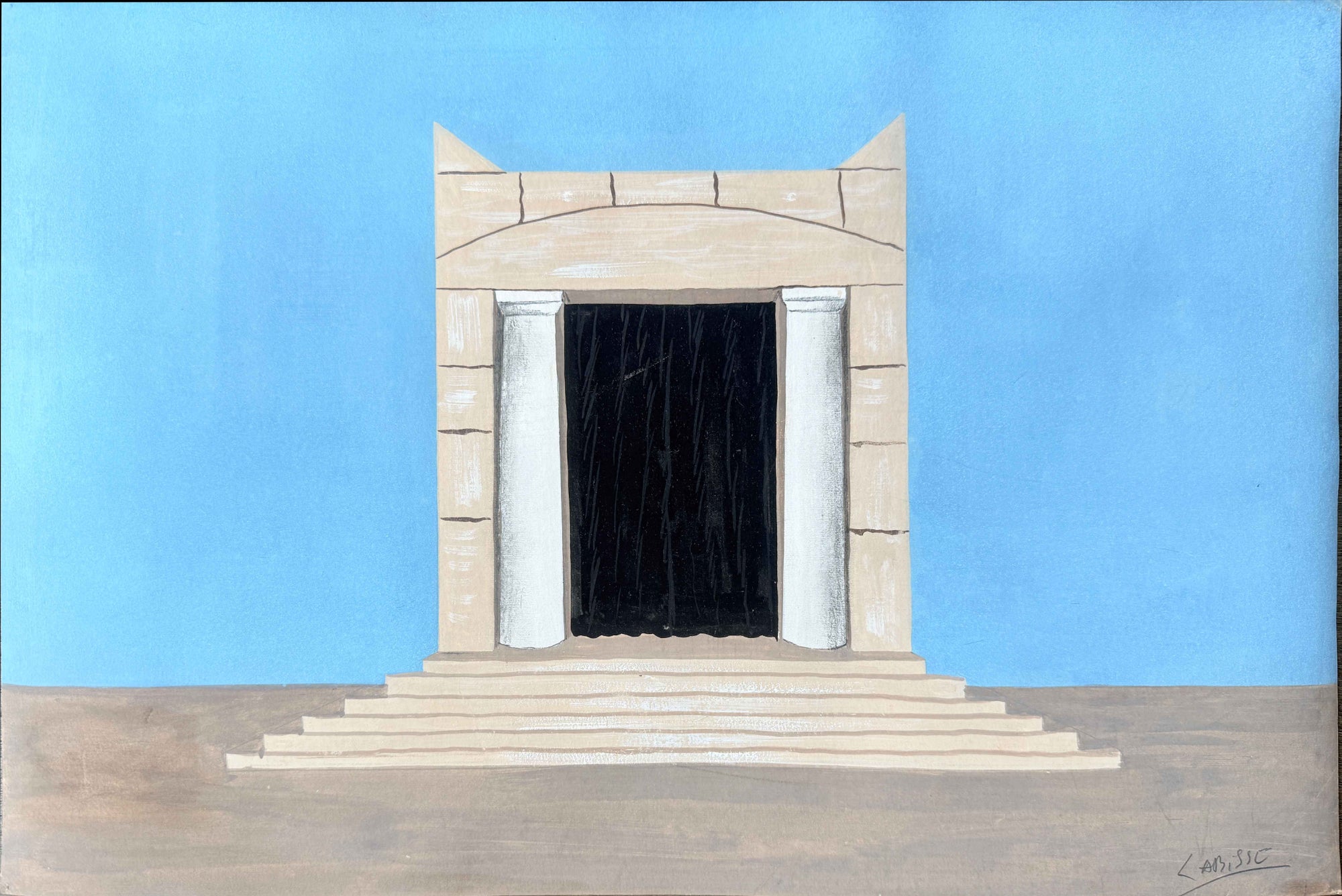 Gouache originale de Félix Labisse intitulée “Fronton de temple”, dessin de décor de théâtre du milieu du XXe siècle, œuvre surréaliste et colorée encadrée pour collection ou décoration d’intérieur.