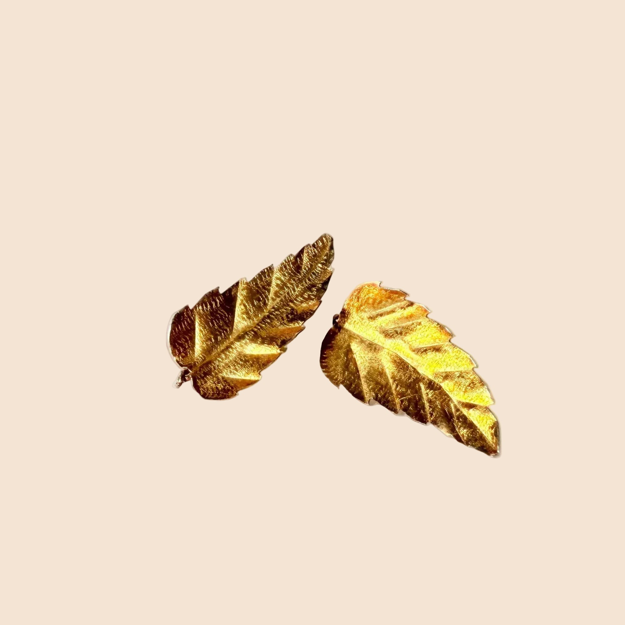 Paire de puces d’oreilles en or jaune 18 carats, délicatement façonnées en feuilles au fini amati, offrant un style naturel et élégant à porter au quotidien.