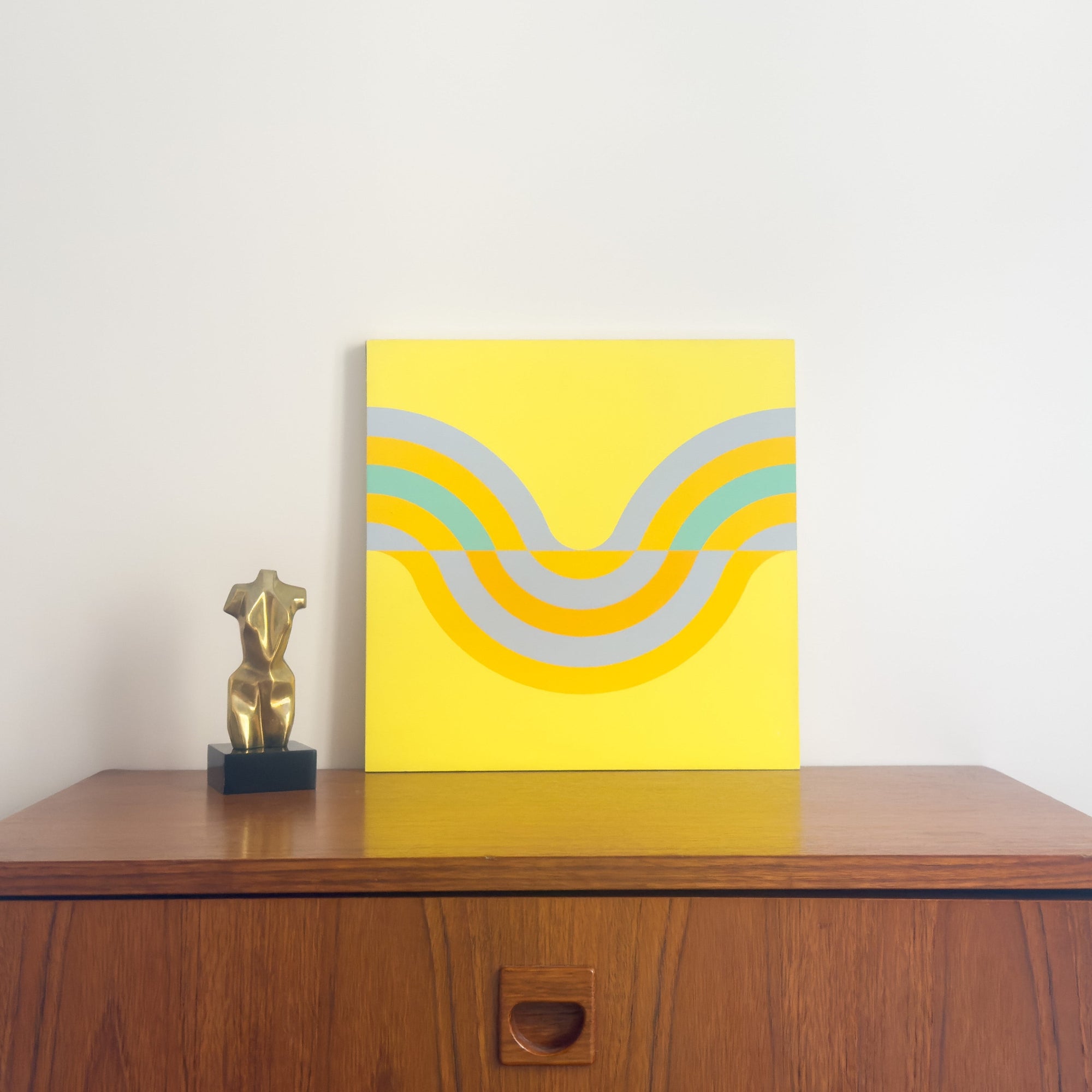 Sérigraphie abstraite sur fond jaune réalisée par Herbert Oehm en 1967, œuvre d’art moderne montée sur cadre en bois, décoration vintage du XXe siècle.