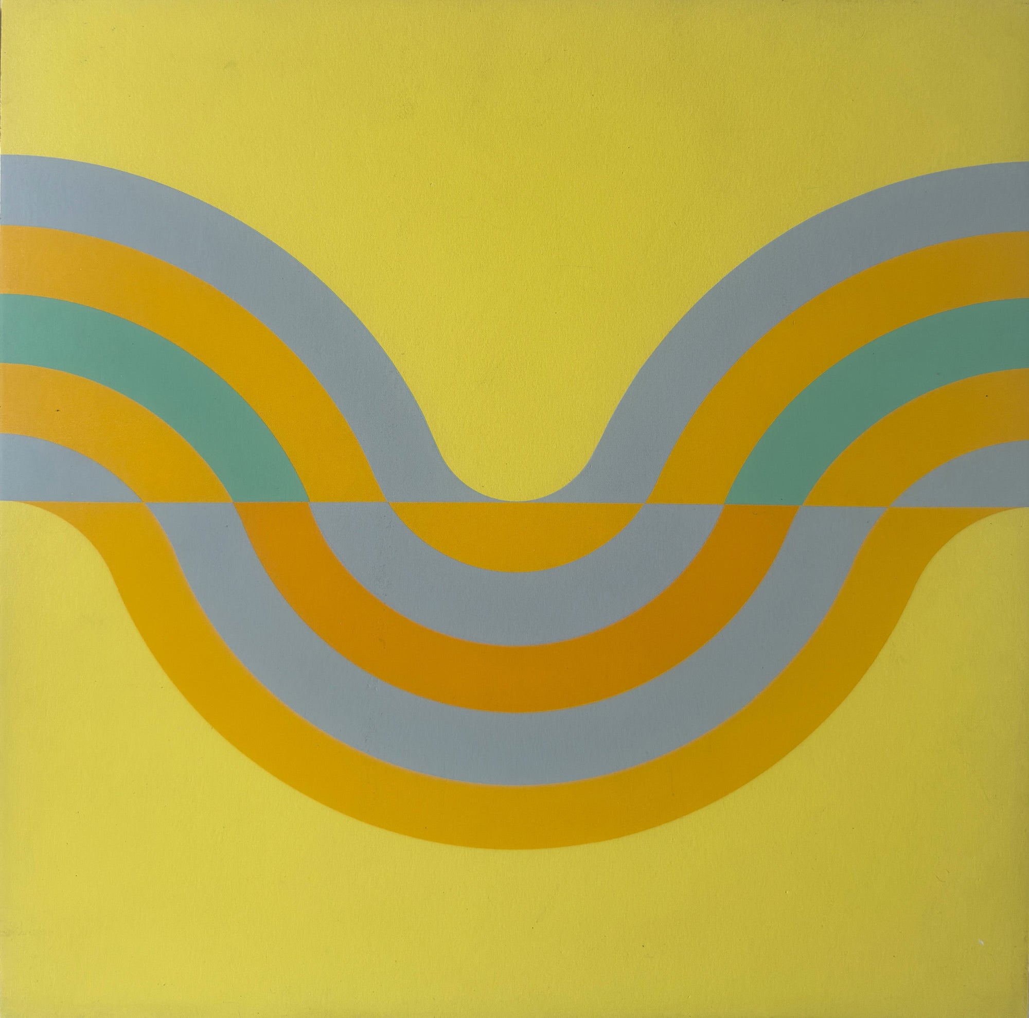 Sérigraphie abstraite sur fond jaune réalisée par Herbert Oehm en 1967, œuvre d’art moderne montée sur cadre en bois, décoration vintage du XXe siècle.