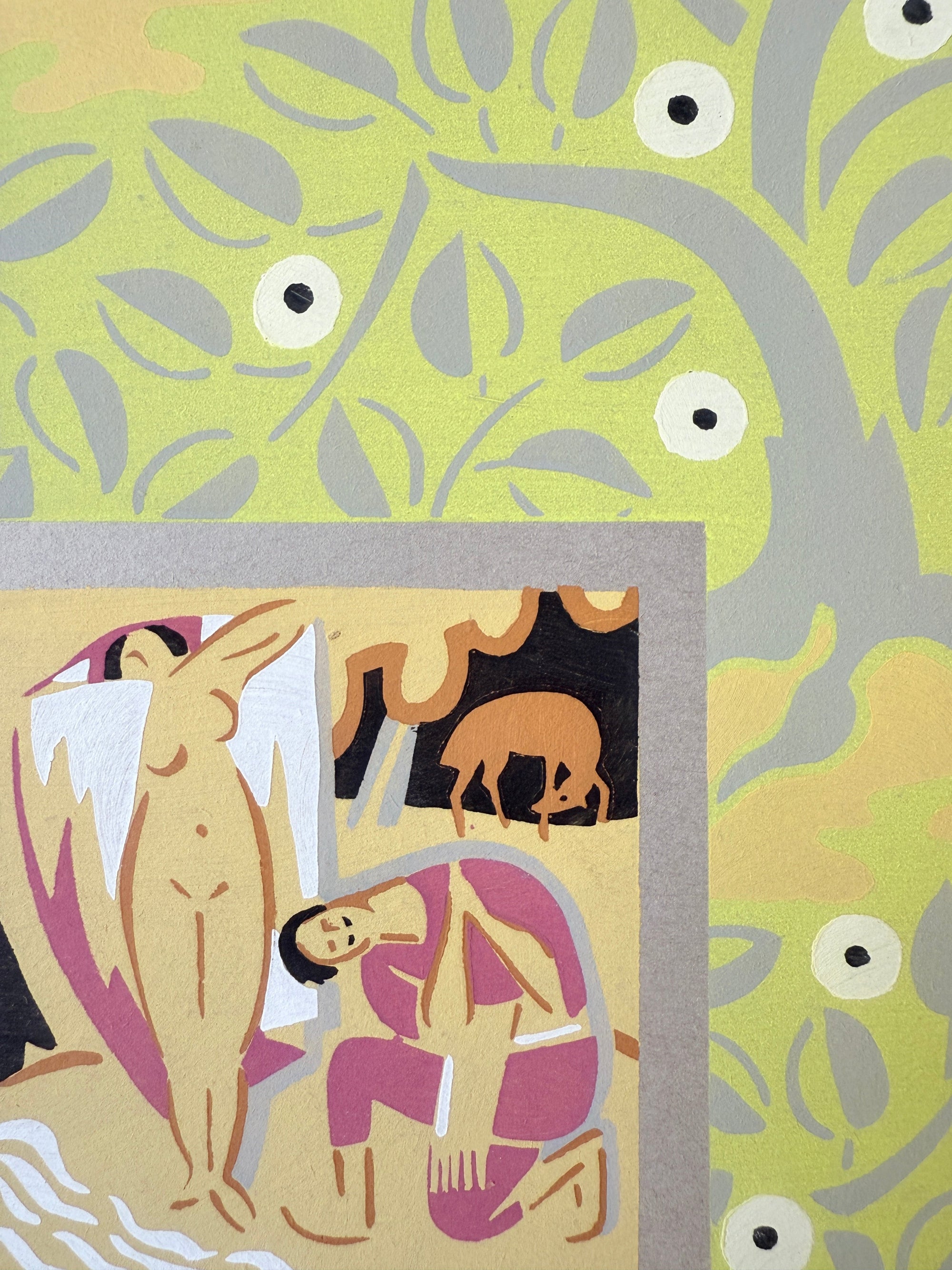 Pochoir Art déco signé Jacques Camus, “Baigneuses”, réalisé en 1922 et édité par A. Calavas à Paris, œuvre aux couleurs vives typiques des années 1920, encadrée pour décoration d’intérieur élégante.