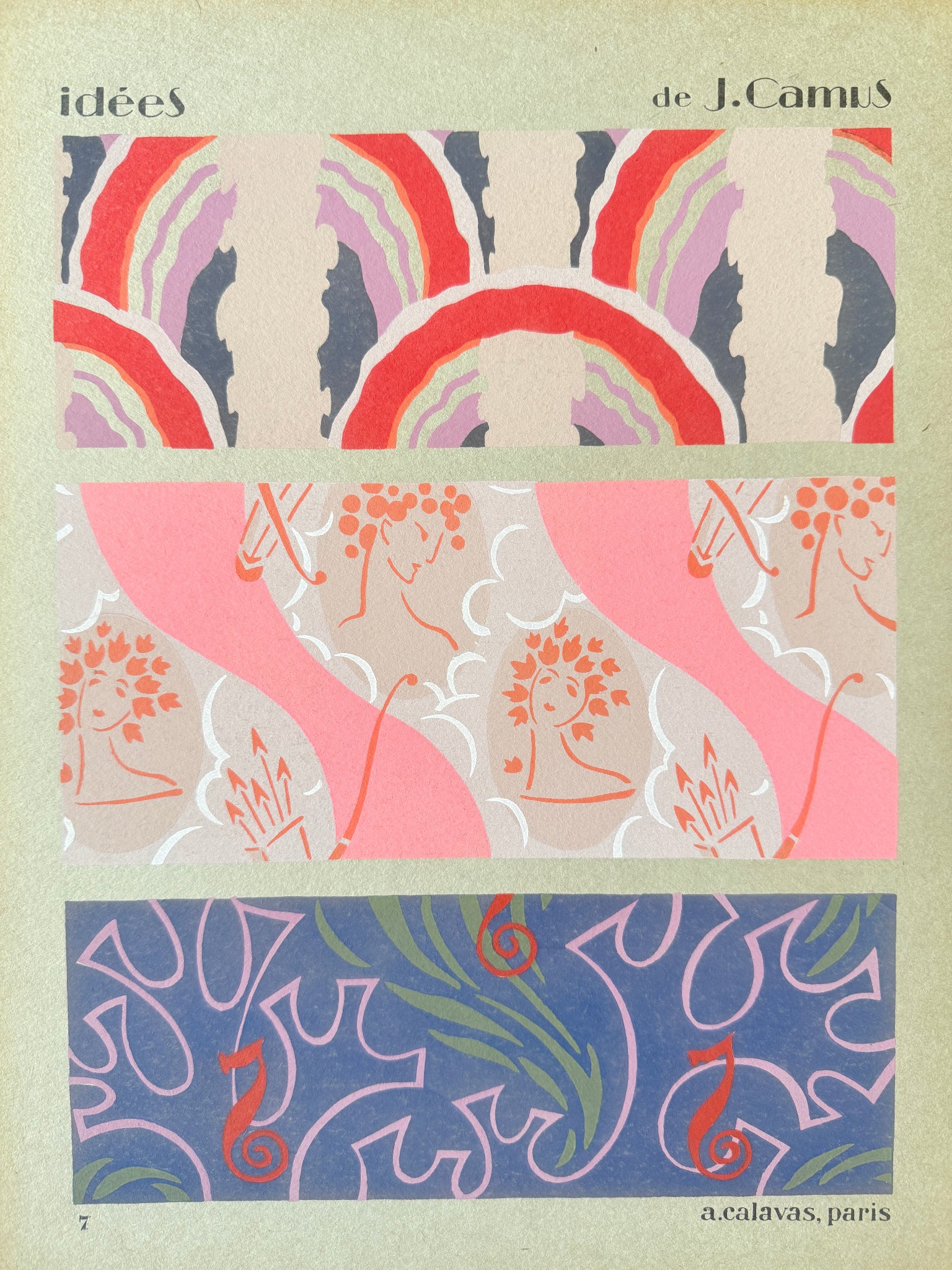 Pochoir Art déco signé Jacques Camus, “Muse au carquois et flèches”, réalisé en 1922 et édité par A. Calavas à Paris, œuvre colorée emblématique de l’Art déco, idéale pour collectionneur ou décoration d’intérieur raffinée.