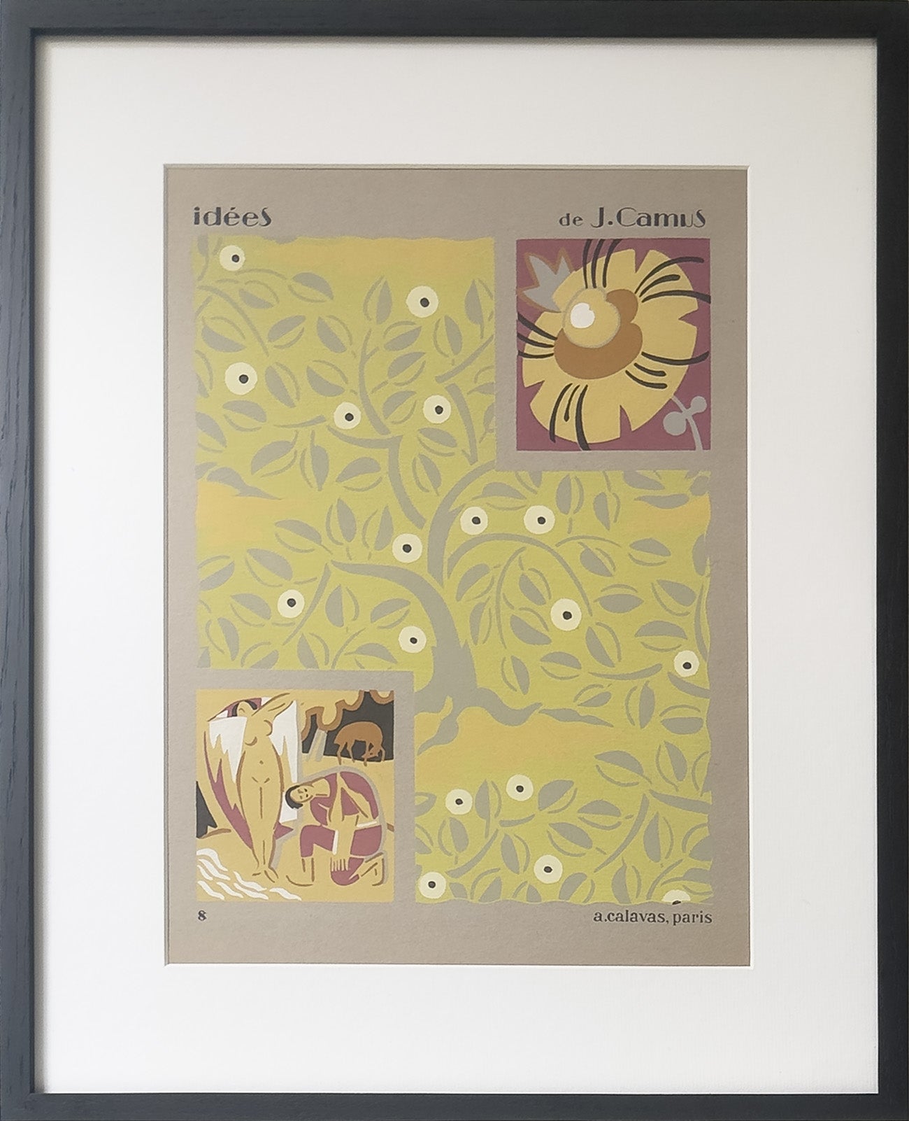 Pochoir Art déco signé Jacques Camus, “Baigneuses”, réalisé en 1922 et édité par A. Calavas à Paris, œuvre aux couleurs vives typiques des années 1920, encadrée pour décoration d’intérieur élégante.