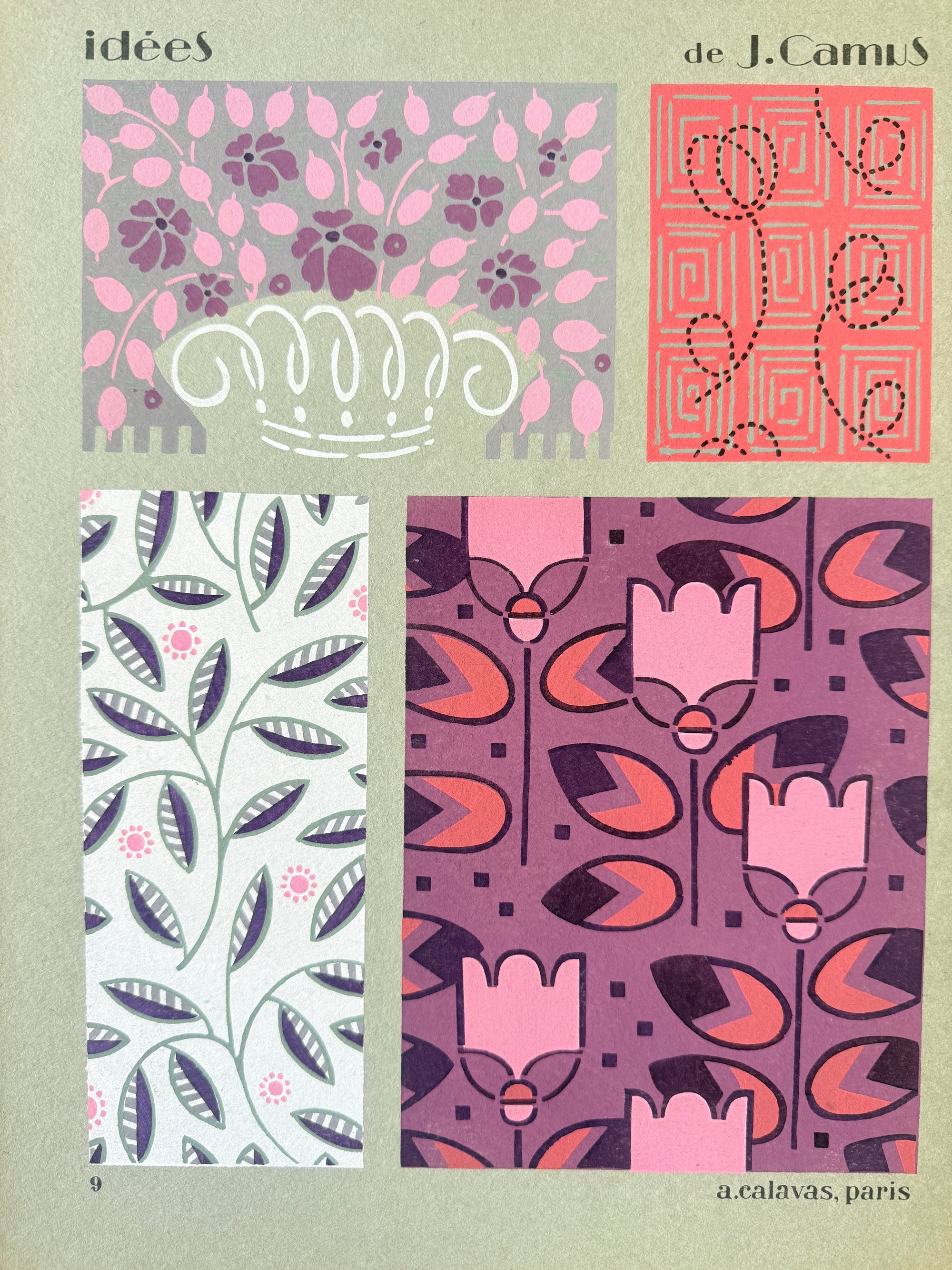 Pochoir Art déco signé Jacques Camus, réalisé en 1922 et édité par A. Calavas à Paris, œuvre aux couleurs vives typiques des années 1920, encadrée pour décoration d’intérieur élégante.