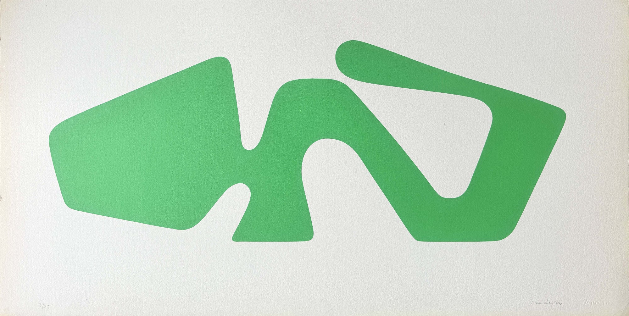 Pochoir abstrait géométrique de Jean Legros daté de 1972, œuvre d’art moderne aux formes structurées et couleurs vibrantes, encadrée pour collection d’art contemporain ou décoration d’intérieur.