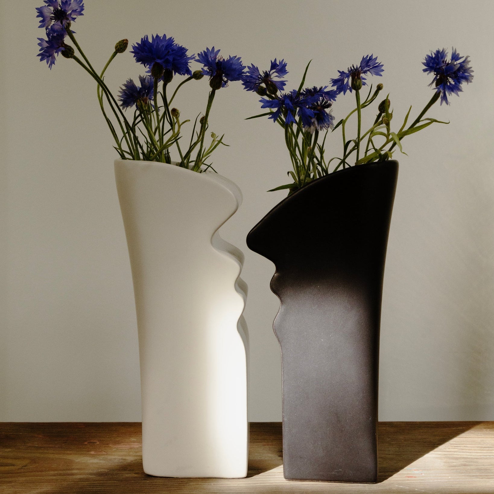 Paire de vases vintage en céramique blanc et noir montrés avec des fleurs.