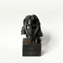 Sculpture en bronze représentant un portrait de femme, tête sculptée aux traits doux et expressifs, patine sombre nuancée, reposant sur un socle en bois, œuvre du sculpteur français Maurice Guillaume (1920–2015).