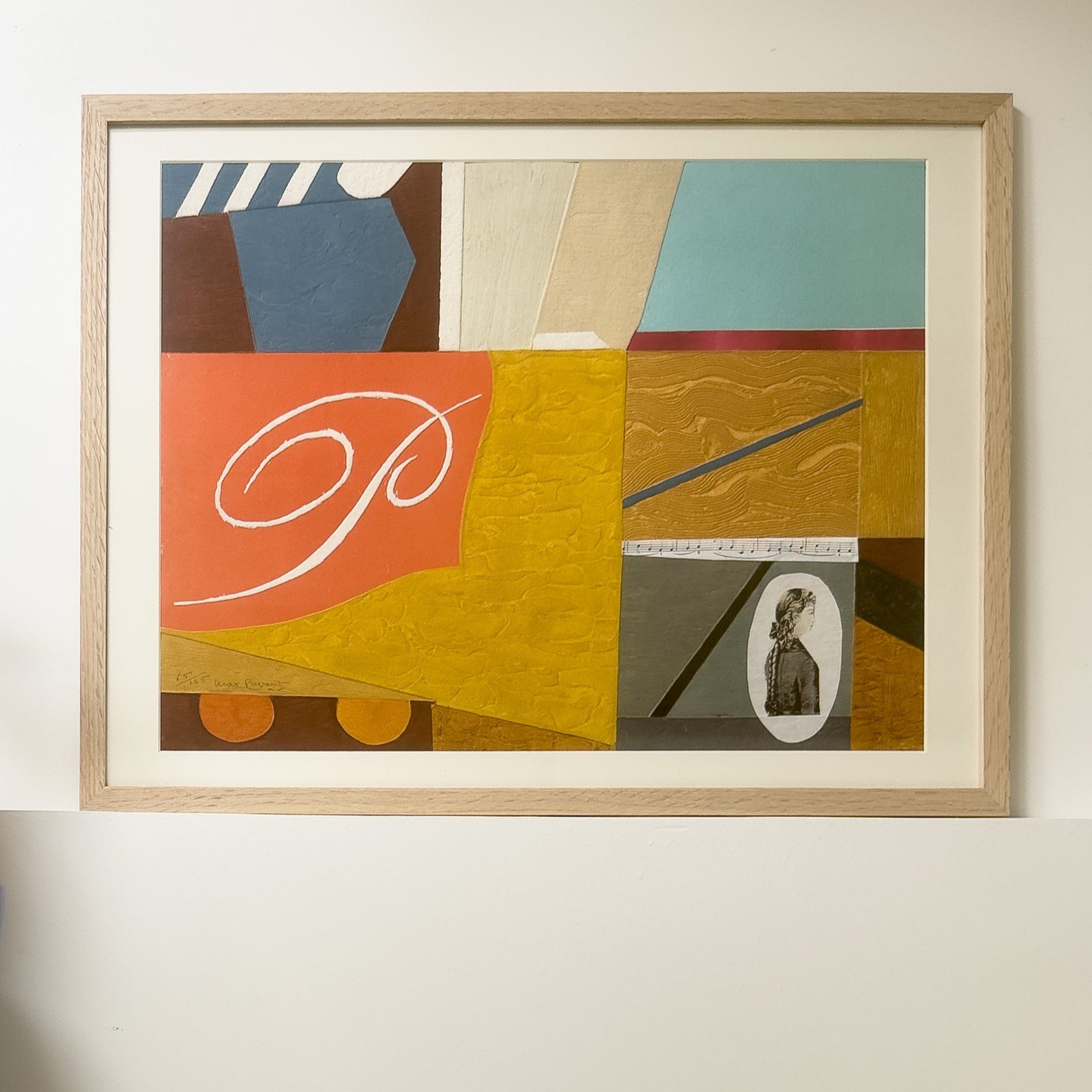 Estampe au carborundum et collage signée Max Papart, “Partition de musique”, œuvre cubiste lyrique vers 1990 mêlant rigueur géométrique et poésie, gravure encadrée pour collection ou décoration d’intérieur.