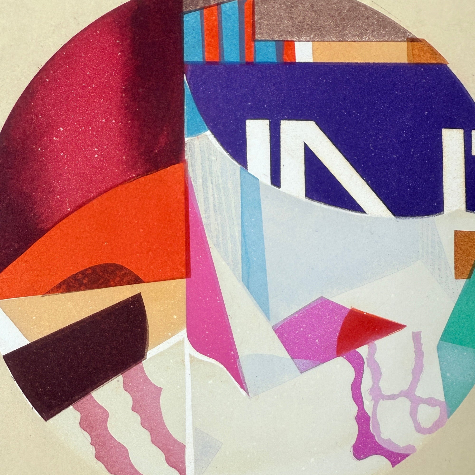 Estampe en couleur signée Max Papart, “Composition abstraite”, œuvre cubiste lyrique du XXe siècle aux formes fragmentées et couleurs vives, gravure moderne encadrée pour collection d’art ou décoration d’intérieur.