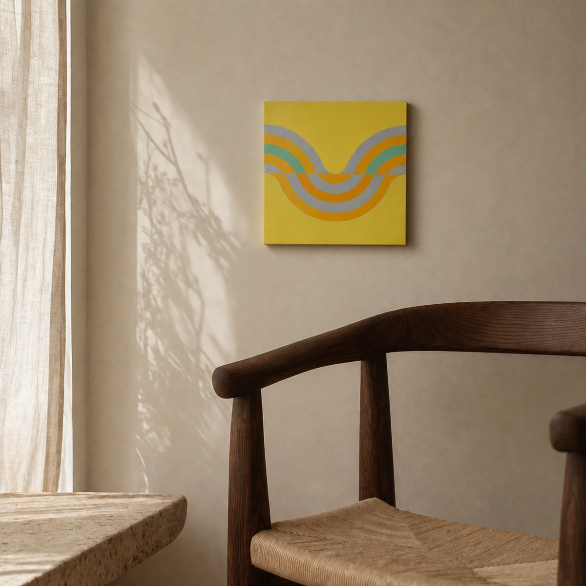 Sérigraphie abstraite sur fond jaune réalisée par Herbert Oehm en 1967, œuvre d’art moderne montée sur cadre en bois, décoration vintage du XXe siècle.