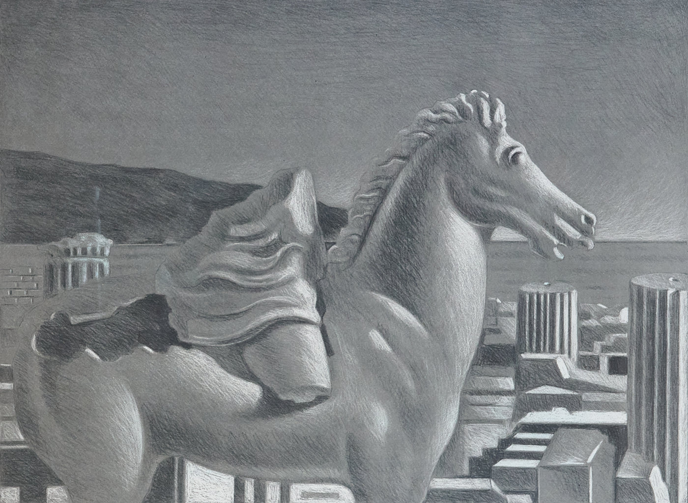 Lithographie en noir signée Sarandis Karavousis, “Cheval de Troie”, estampe du XXe siècle inspirée de l’art grec antique et du surréalisme, œuvre contemporaine encadrée pour collection ou décoration d’intérieur.