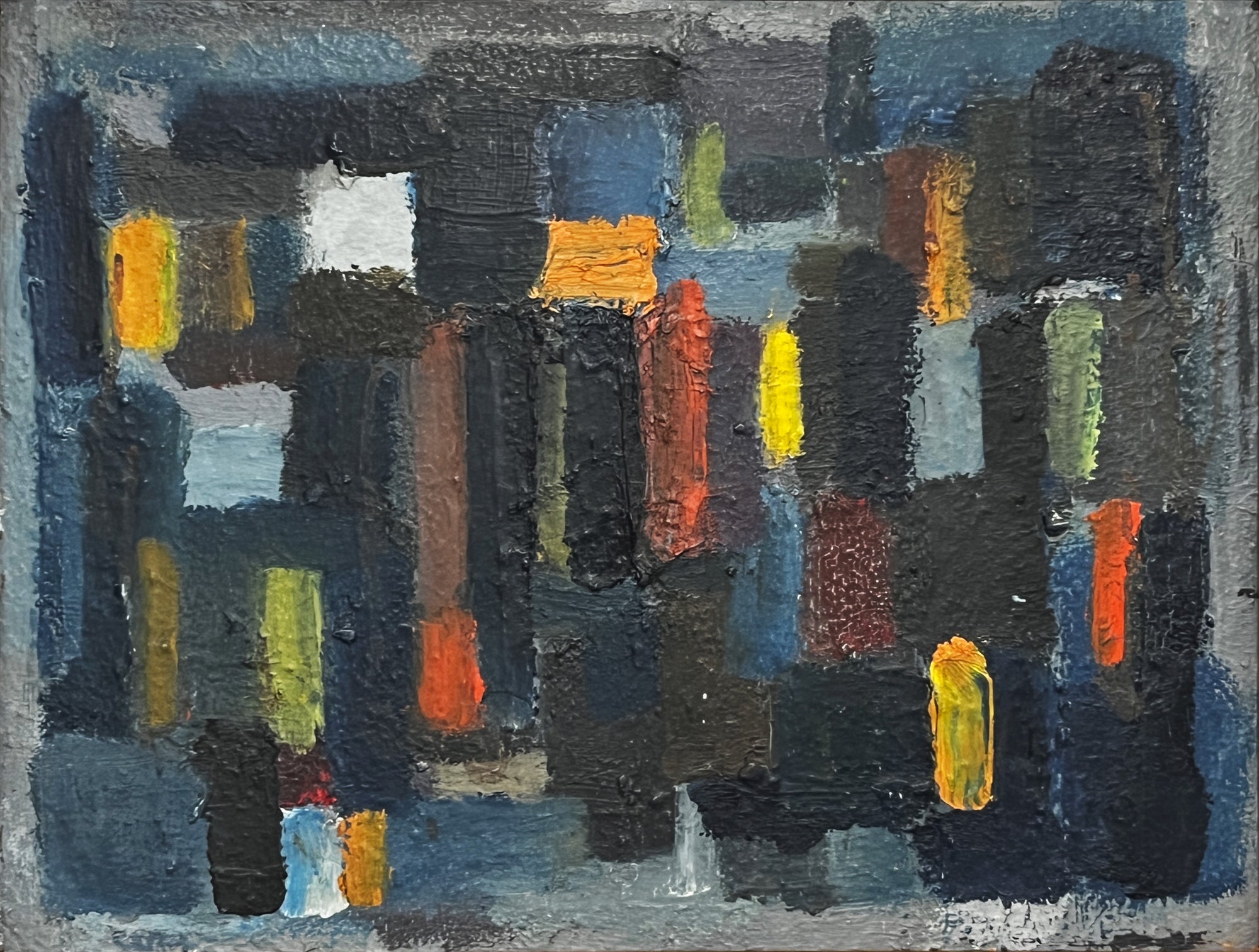 Huile sur panneau de l’école du XXe siècle, composition abstraite des années 1960 aux formes géométriques et couleurs vibrantes, œuvre d’art moderne encadrée pour décoration d’intérieur.