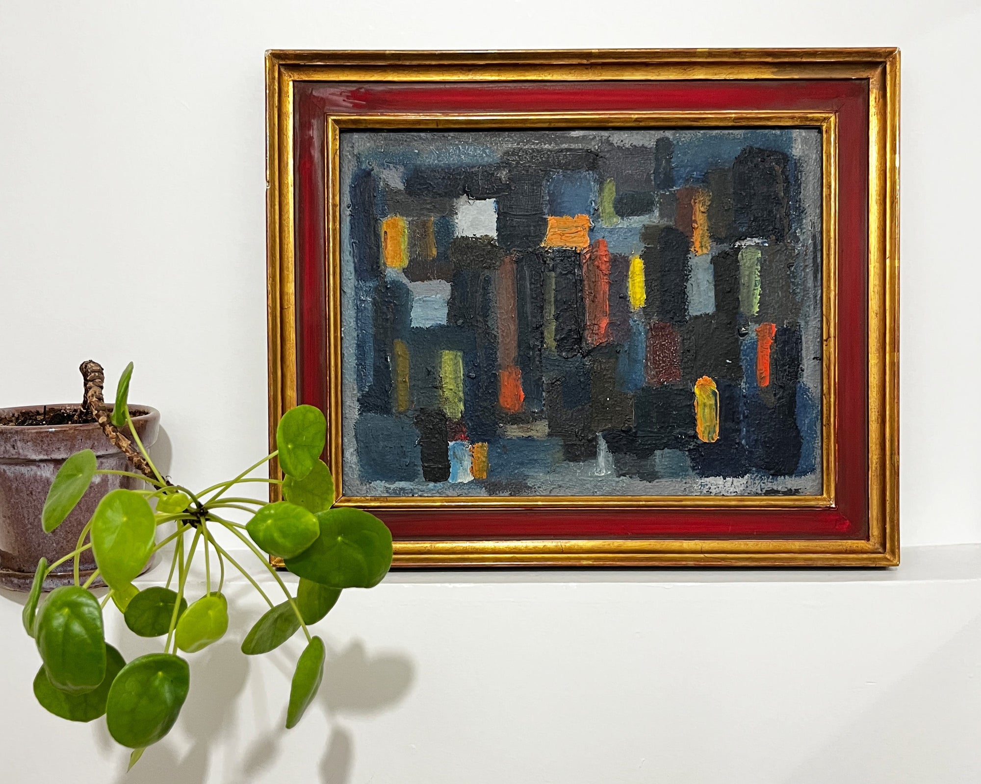 Huile sur panneau de l’école du XXe siècle, composition abstraite des années 1960 aux formes géométriques et couleurs vibrantes, œuvre d’art moderne encadrée pour décoration d’intérieur.