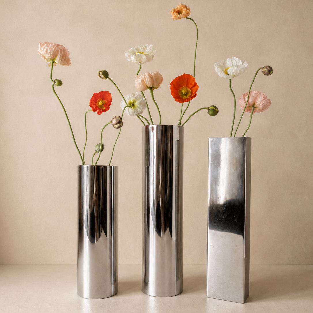 Trois vases en métal chromé des années 1970 présentés avec des fleurs